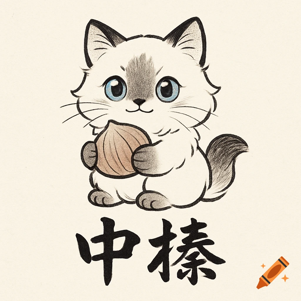 A cute cartoon Ragdoll cat with blue eyes holding a hazelnut, with black Chinese characters ' ' below it on a white background.