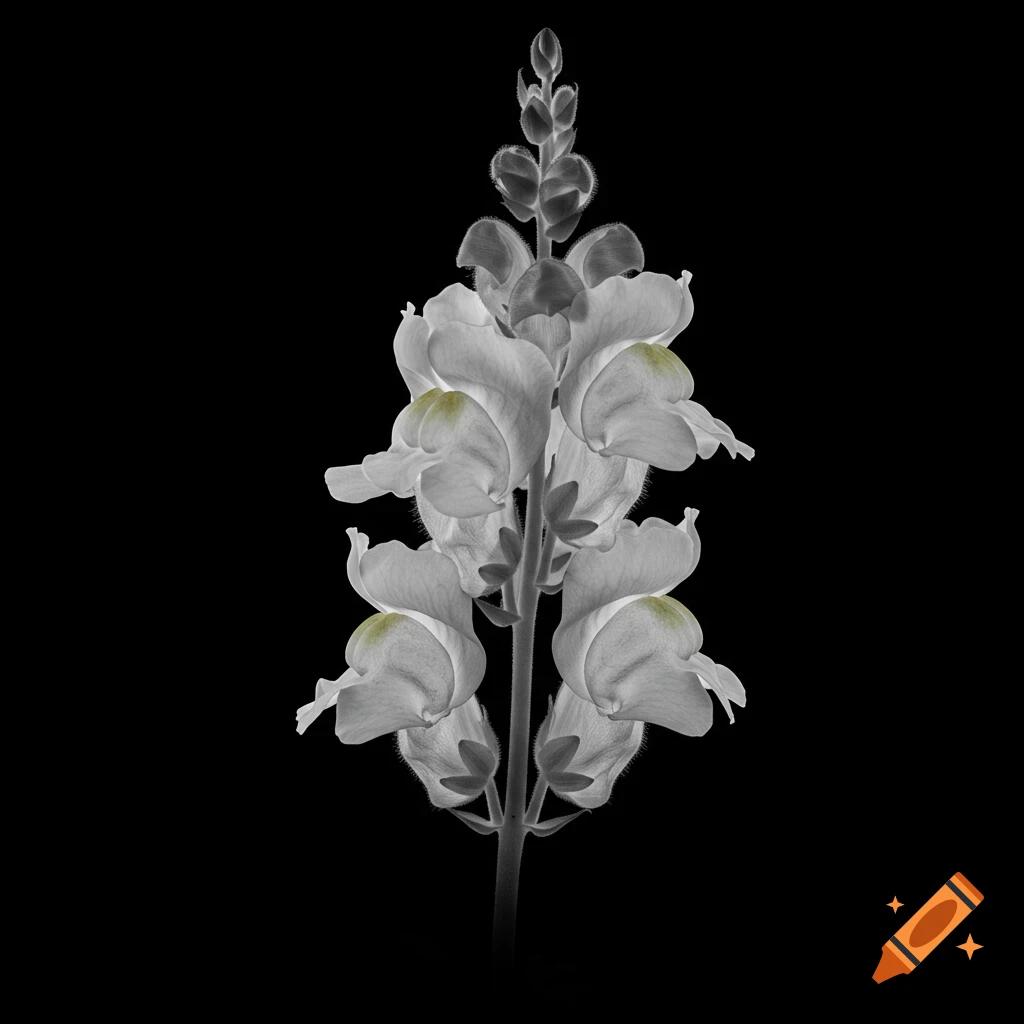 An X-ray style image of a white snapdragon flower on a black background.