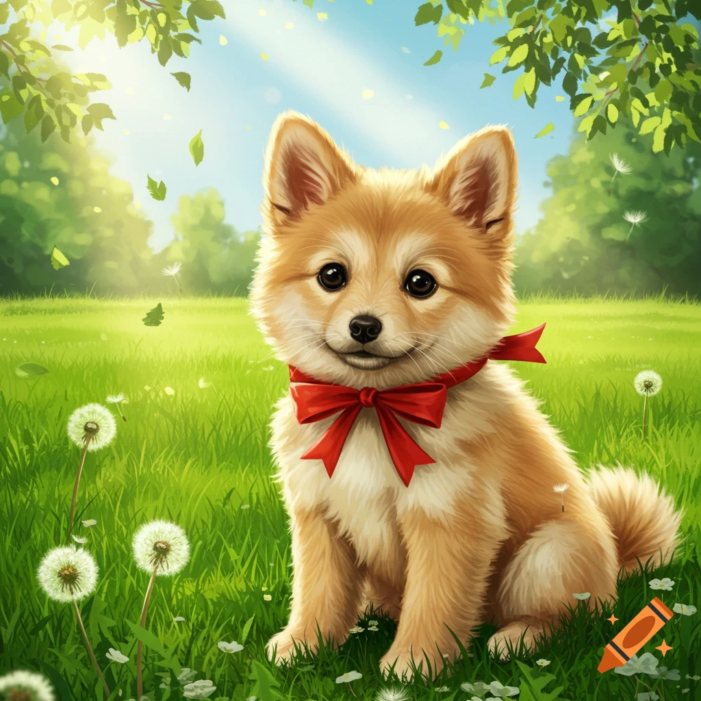 A cute fluffy golden-brown puppy with a red bow sits happily in a sunny green field surrounded by dandelions and trees.