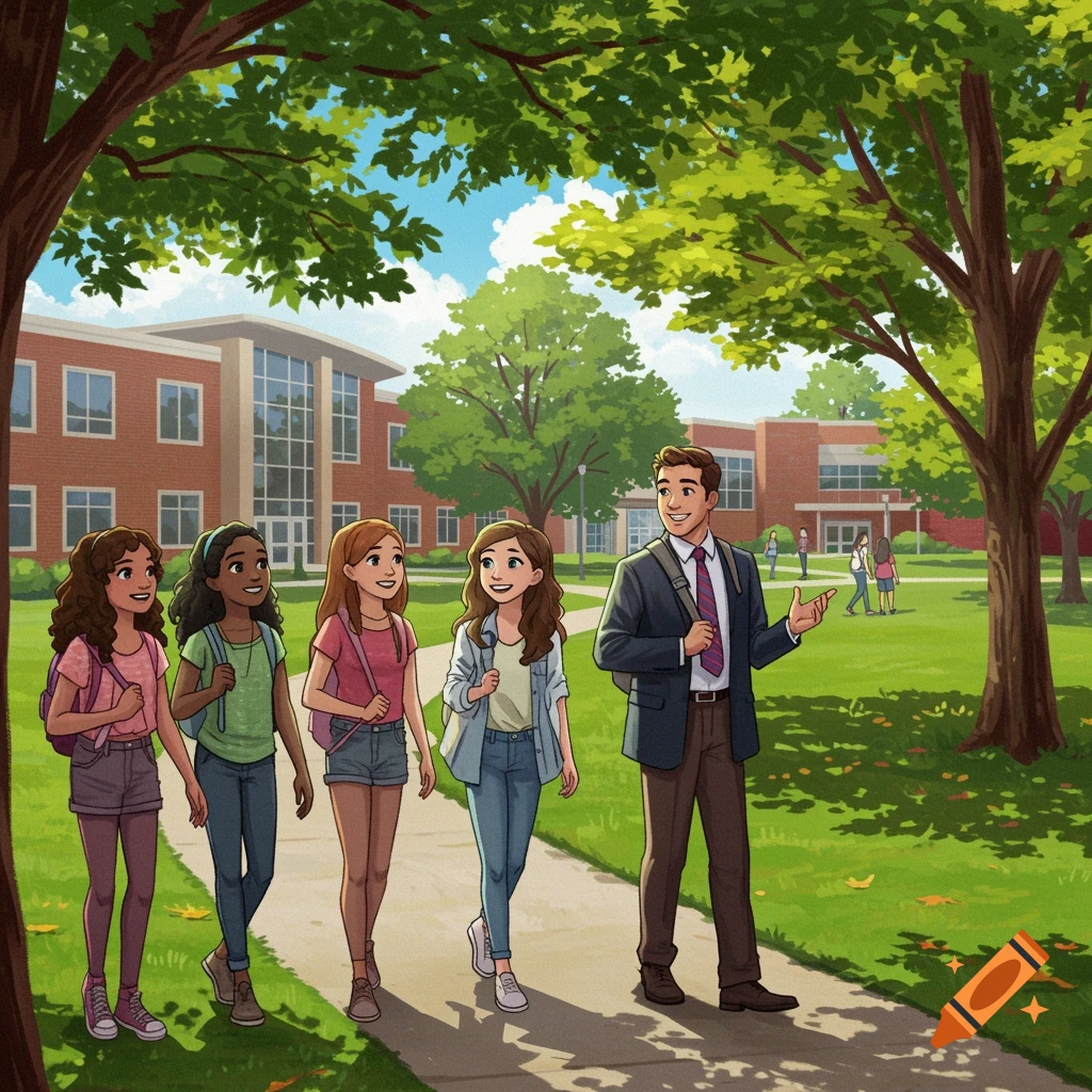 An illustrated group of four female students and a male manager on a sunny college campus tour.