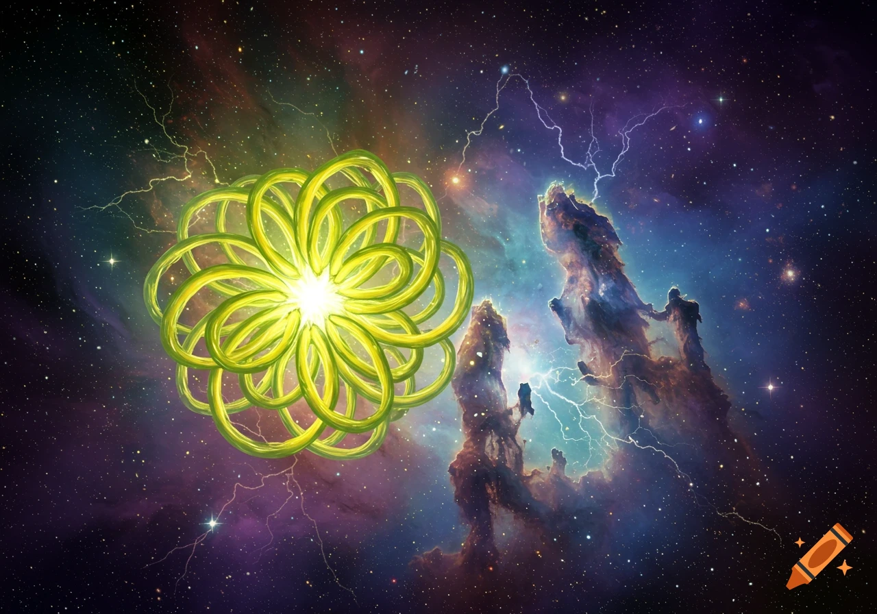 Glowing green abstract ring structure in deep space with purple and blue cosmic pillars, stars, and lightning.