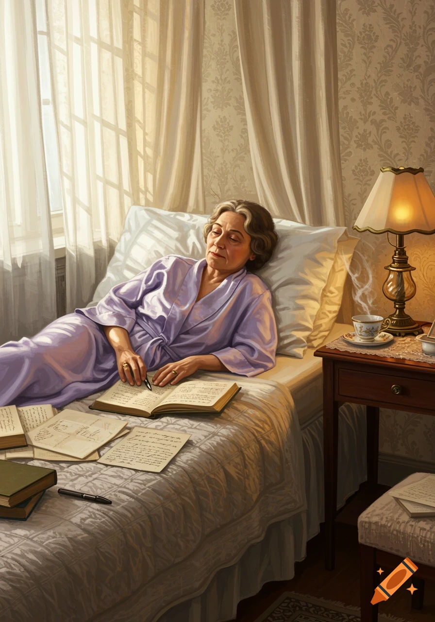 An elderly woman in a purple robe lies in bed, writing in a book, with papers scattered around her. Sunlight streams through a window.