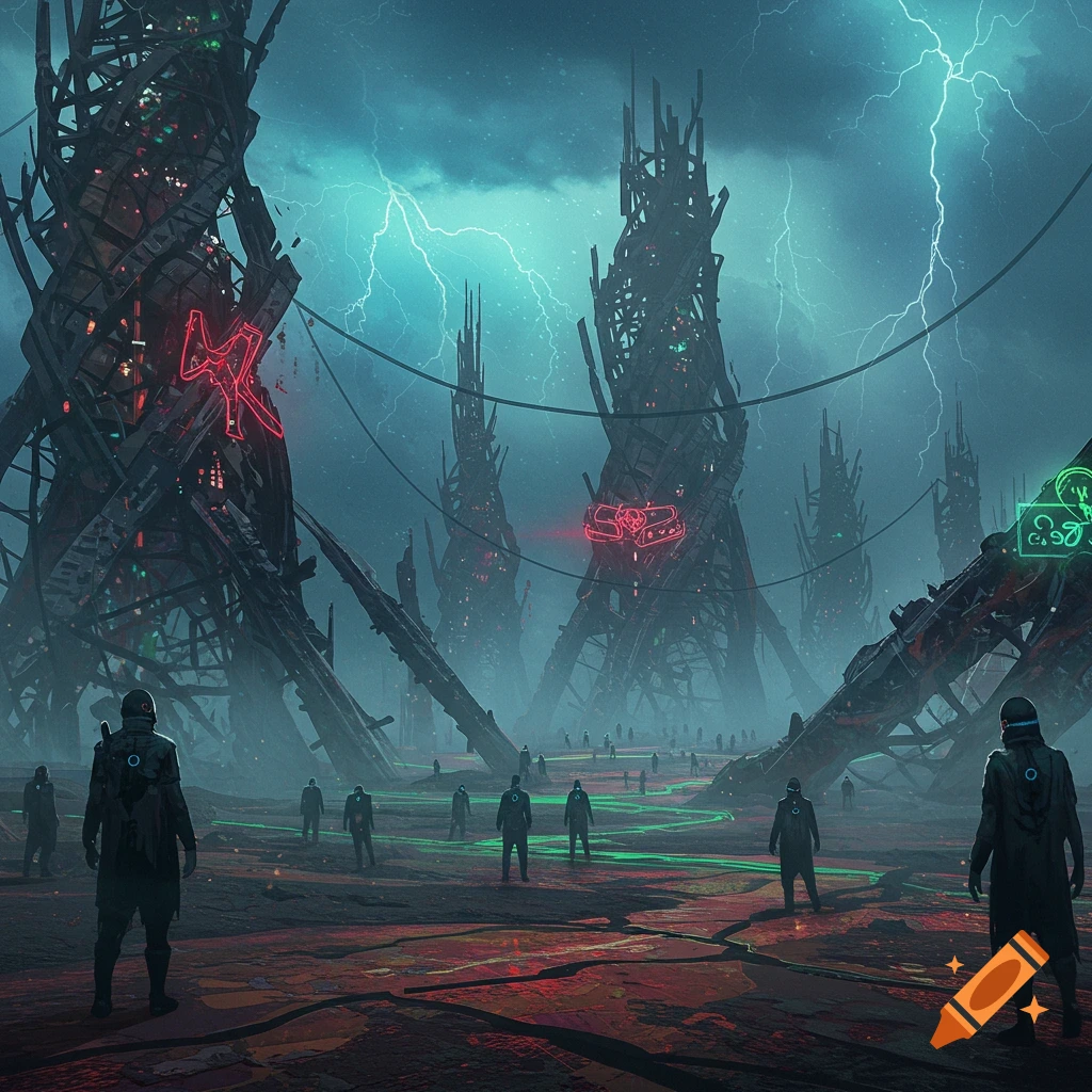 A dark, atmospheric, futuristic landscape with towering, skeletal structures glowing with red and green lights under a stormy, lightning-filled sky. Small, dark figures stand on the cracked ground with glowing green lines.