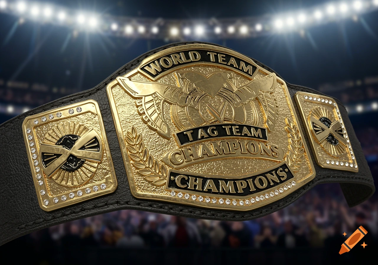 A photorealistic close-up of a gold and black wrestling championship belt under stadium lights.