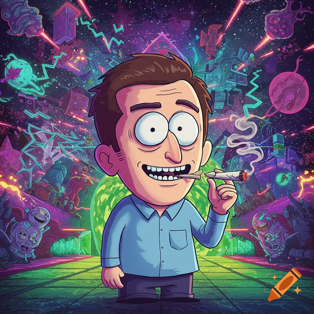 Cartoon character in Rick and Morty style smoking a joint in a psychedelic space setting.