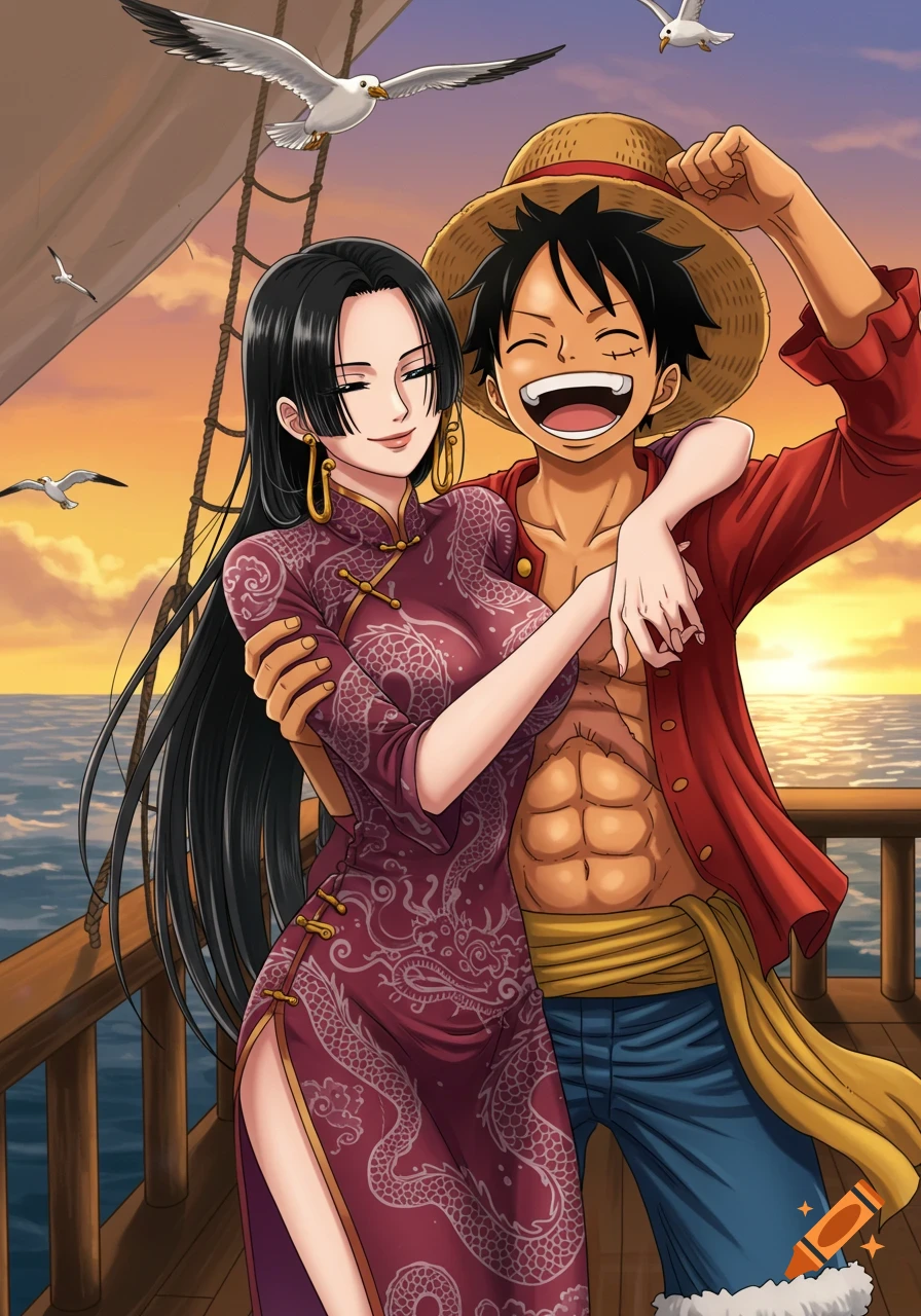 Anime illustration of Luffy hugging Hancock on a ship deck at sunset, with seagulls flying above.