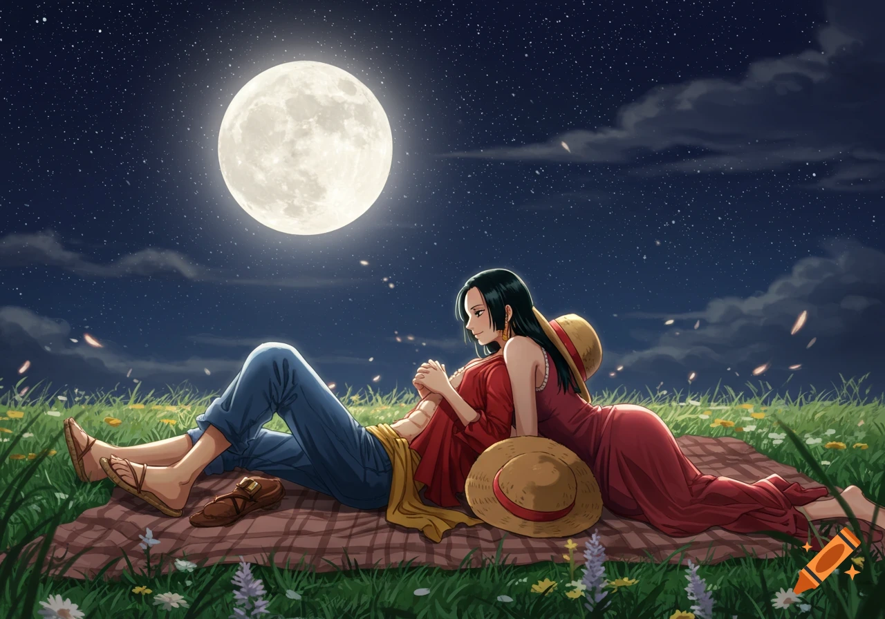 Anime art of Luffy and Hancock lying on a blanket under a bright full moon in a grassy field at night.