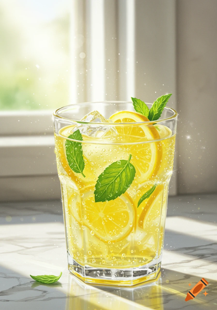 A refreshing glass of lemonade with lemon slices, ice, and mint leaves sits on a marble countertop, bathed in sunlight from a nearby window.