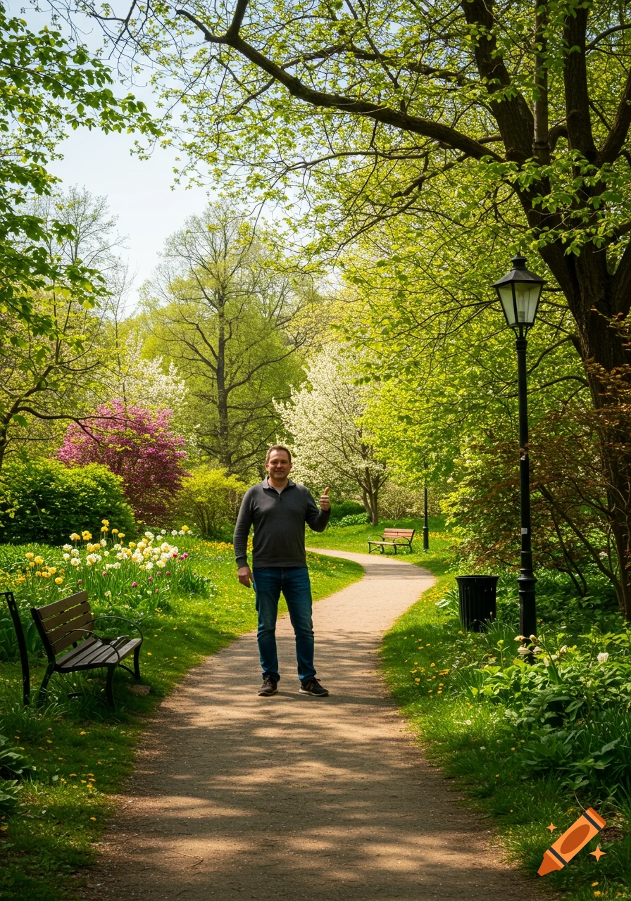 A man gives a thumbs up while standing on a winding path in a sunlit park filled with lush green trees and colorful blooming flowers.