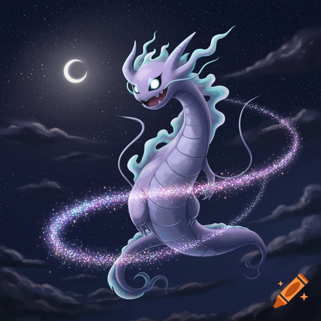 A purple dragon-like creature with glowing eyes and a sparkling trail flies in a dark night sky with a crescent moon and stars.