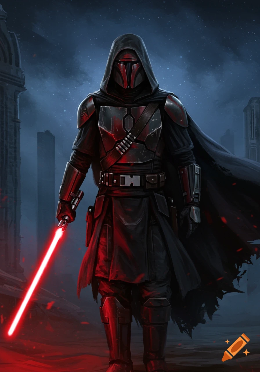A hooded figure in dark armor with a red visor and black cape stands holding a glowing red lightsaber in a dark, ruined landscape under a starry sky.