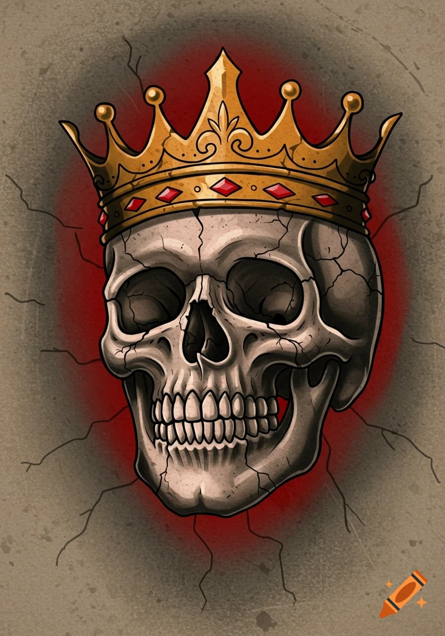 Stylized illustration of a cracked skull wearing a golden crown, with a red glow behind it, in a traditional tattoo style.