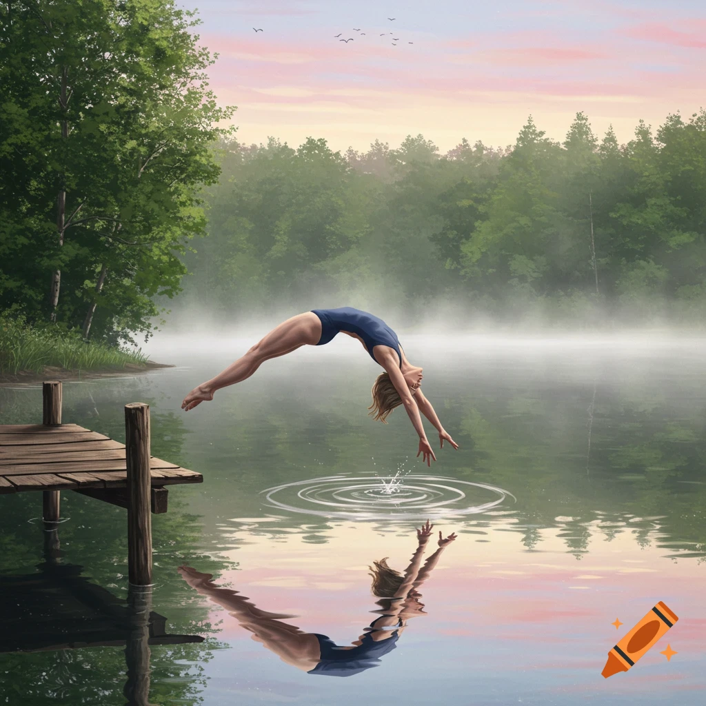 A woman in a blue swimsuit dives into a misty lake from a wooden pier at sunrise.