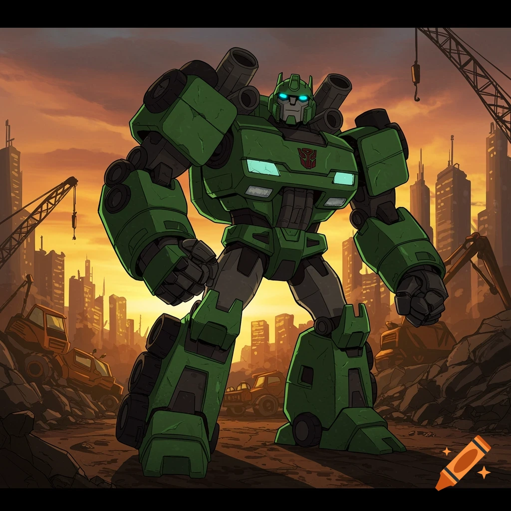 A green Transformer-like robot stands confidently in a gritty urban demolition site at sunset, in an animated style.