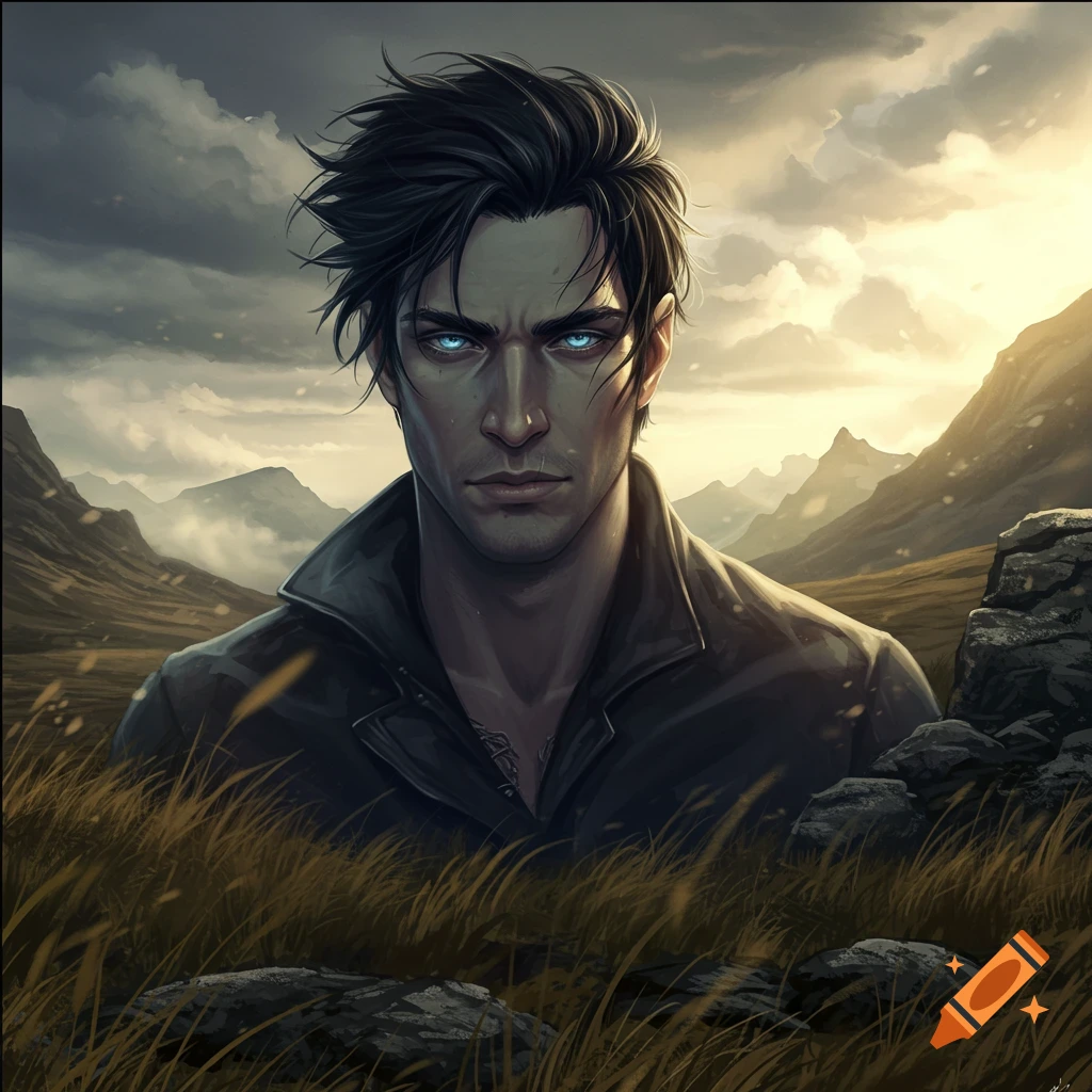 A man with dark, messy hair and glowing blue eyes looks intently forward, standing in a field with mountains under a cloudy sky.