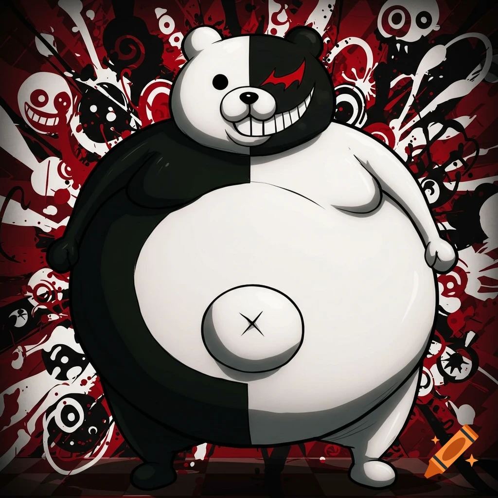 A large, black and white Monokuma bear with a sinister smile and a red eye, standing against a chaotic red, black, and white background in Danganronpa anime style.