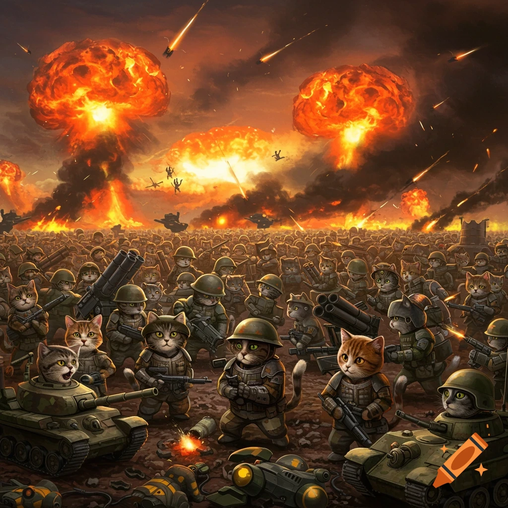 Anthropomorphic cats in military gear stand on a battlefield with tanks, under large explosions and mushroom clouds.