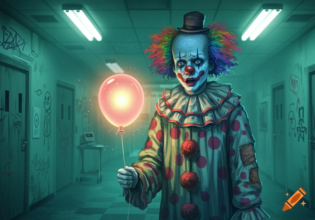 A creepy clown with rainbow hair and a top hat stands in a dark, graffiti-covered asylum hallway, holding a glowing pink balloon.