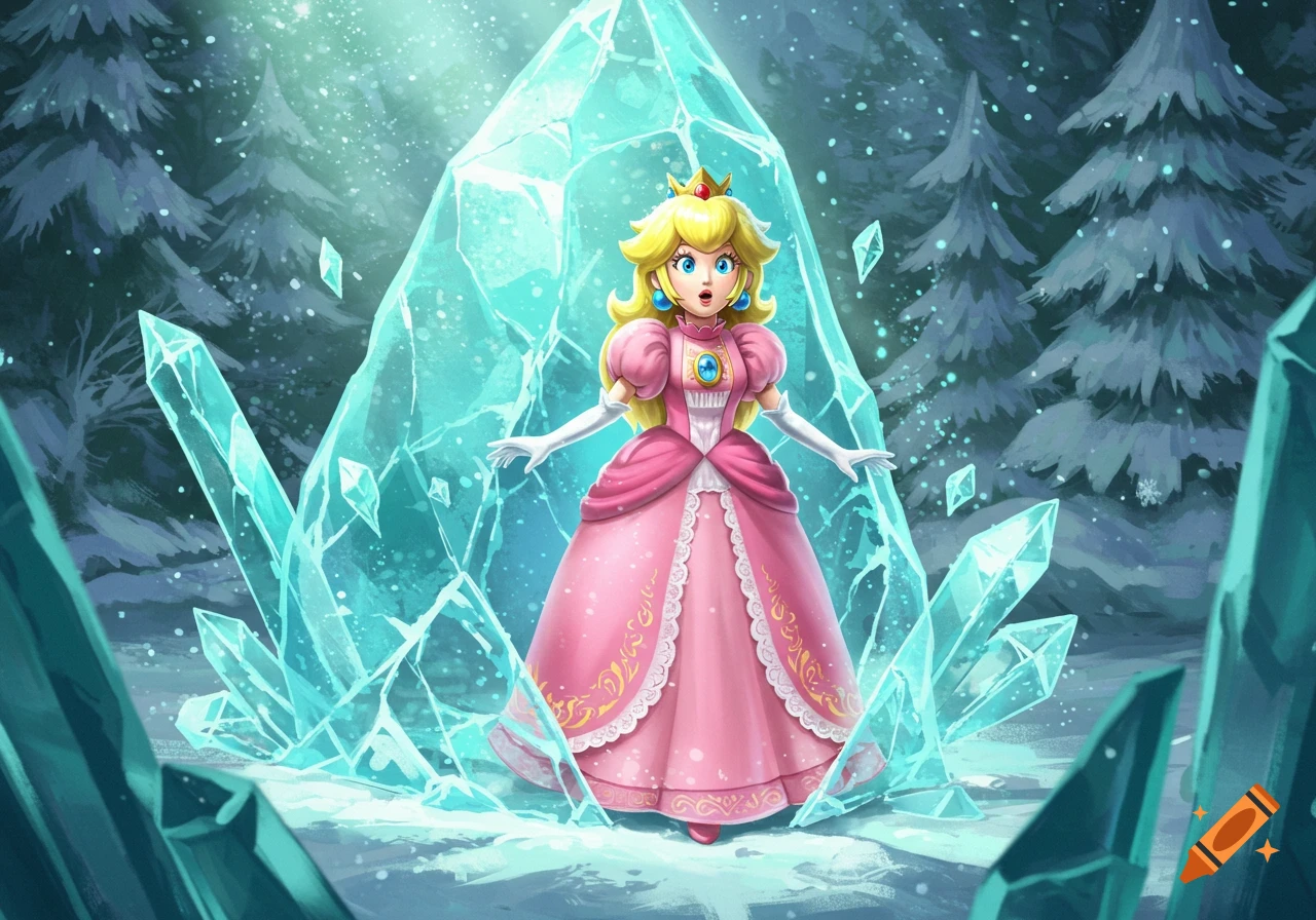 Princess Peach stands surrounded by large, glowing blue ice crystals in a snowy forest, looking surprised.