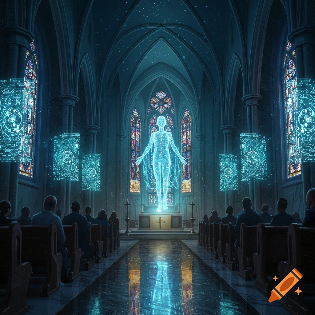 A glowing, translucent human figure stands at an altar in a dark, futuristic church, observed by a seated congregation.