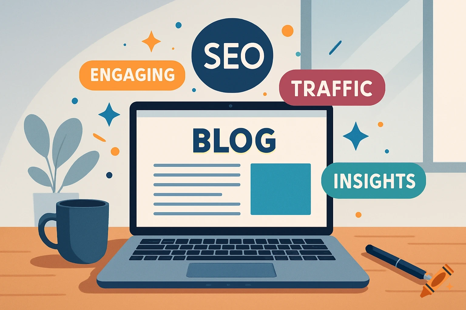 Digital illustration of a laptop with a blog post on screen, surrounded by floating keywords like SEO, Engaging, Traffic, and Insights.