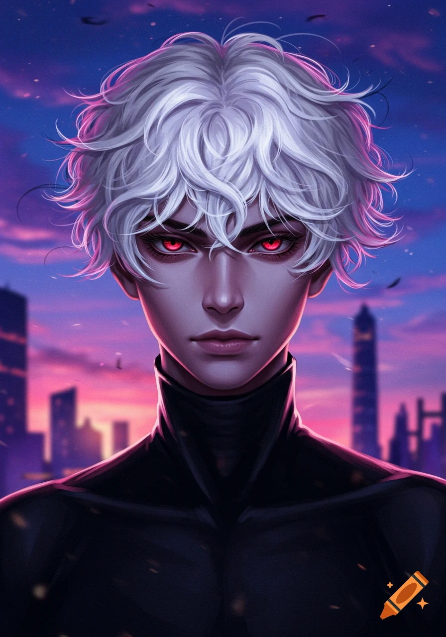 Anime-style portrait of a young man with white curly hair and intense red eyes, wearing a black shirt, against a city sunset.