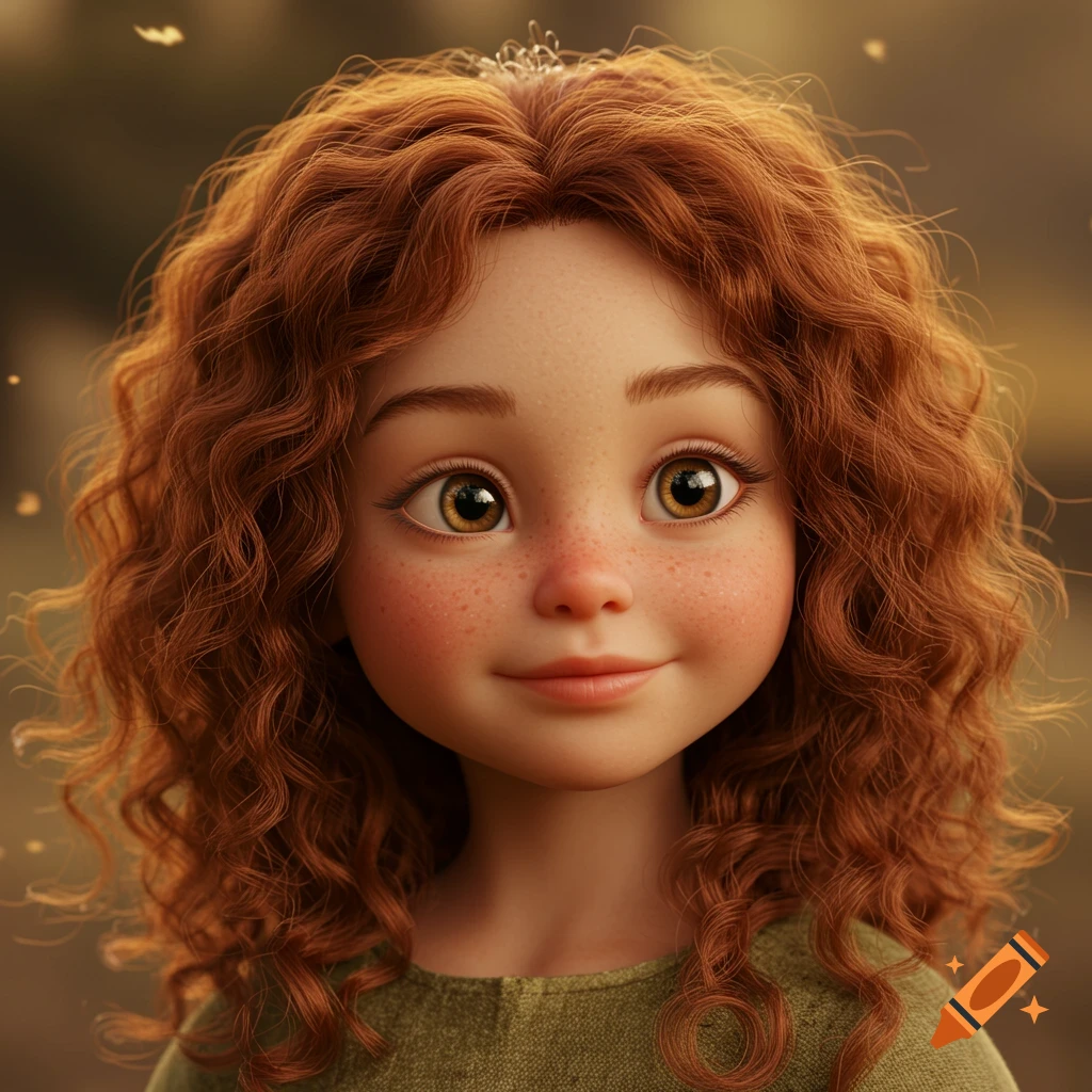 Close-up portrait of an adorable halfling girl with curly auburn hair, freckles, and a slight smile, rendered in a realistic 3D animation style.