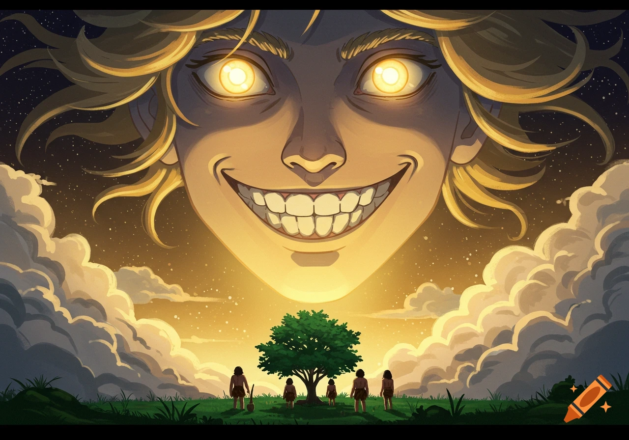 A giant anime-style face with glowing eyes and a crazed smile looms over a group of small humans and a tree on a grassy hill, under a starry, golden sky.