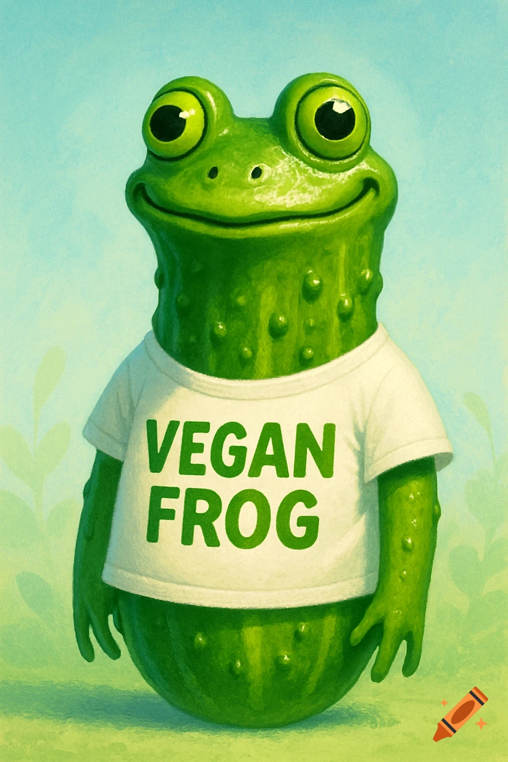 A smiling, green cartoon frog wearing a white t-shirt that says 'VEGAN FROG'.