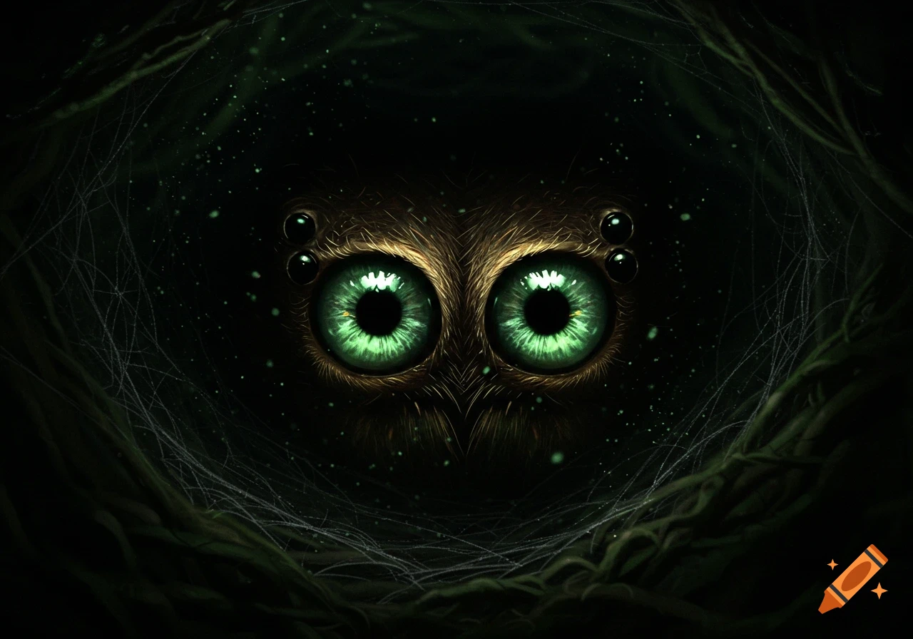 Large, glowing green spider eyes peer out from the darkness, surrounded by faint webs.