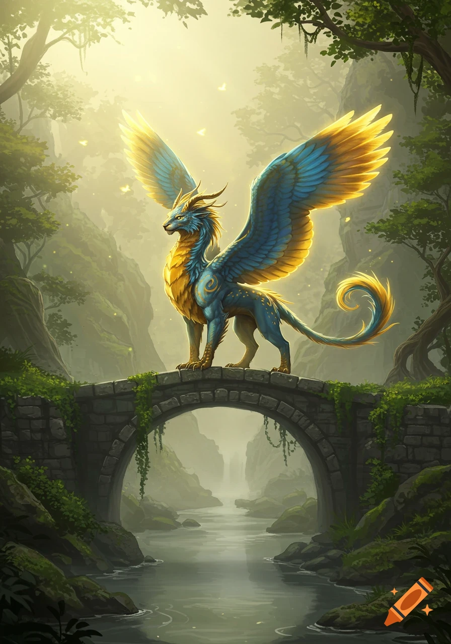 A blue and gold winged mythical creature stands on a stone bridge over a river in a misty, sunlit forest.