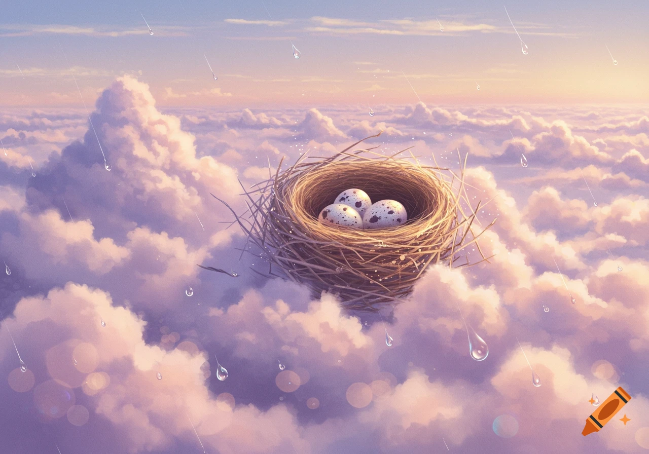 A bird's nest with three speckled eggs rests on fluffy clouds under a soft, gradient sky with stylized falling raindrops.