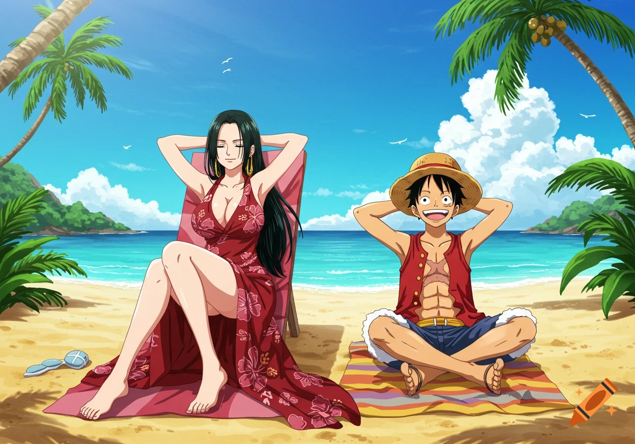 Anime characters Hancock and Luffy relaxing and sunbathing on a tropical beach.
