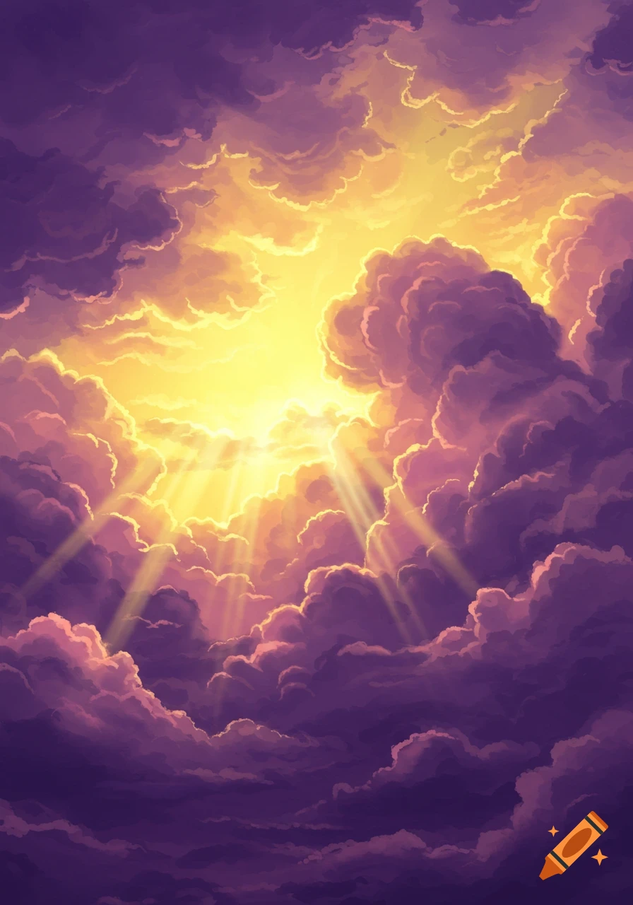Purple and yellow clouds with bright sun rays shining through from above, in an illustrative style.