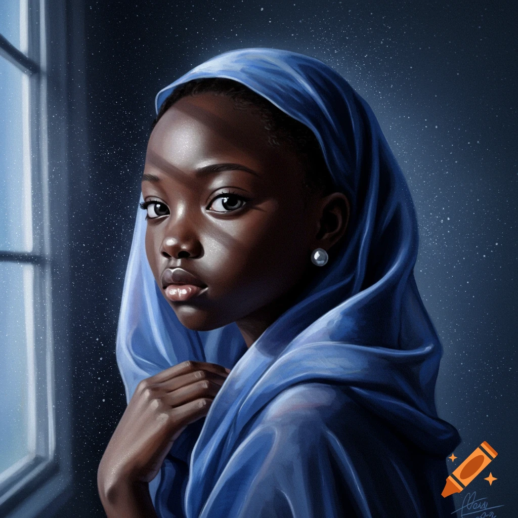 A realistic painting of a young Black girl in a blue head covering and pearl earring, looking out a window into a starry night.
