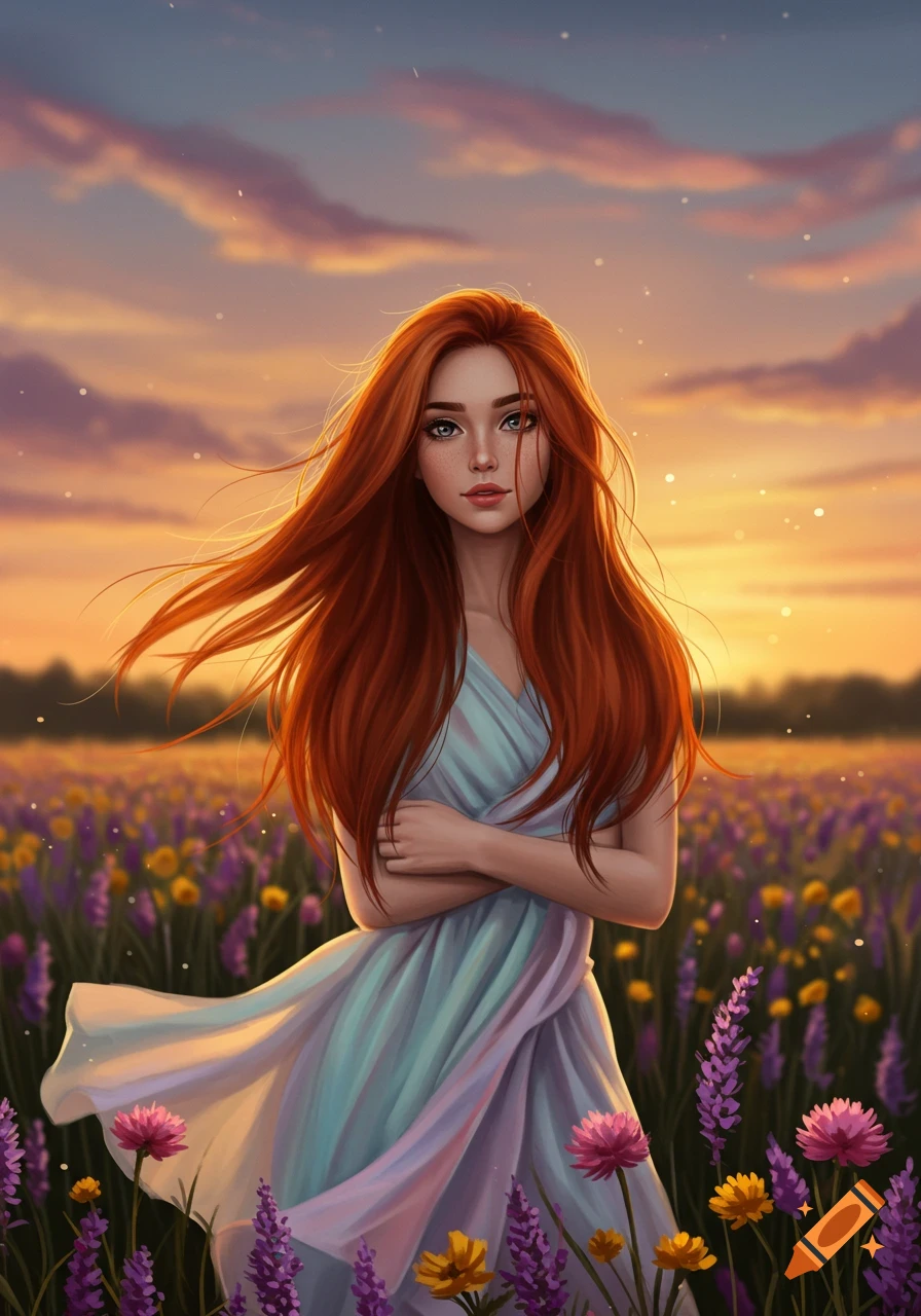 A red-haired girl with long flowing hair stands in a field of colorful flowers under a vibrant sunset sky, digital art style.