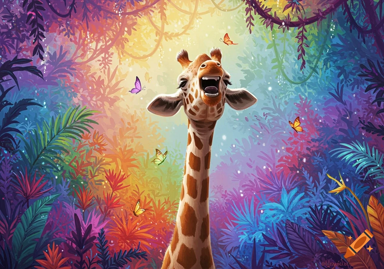 A cartoon laughing giraffe looks up happily, surrounded by colorful butterflies in a vibrant, rainbow-colored jungle illustration.