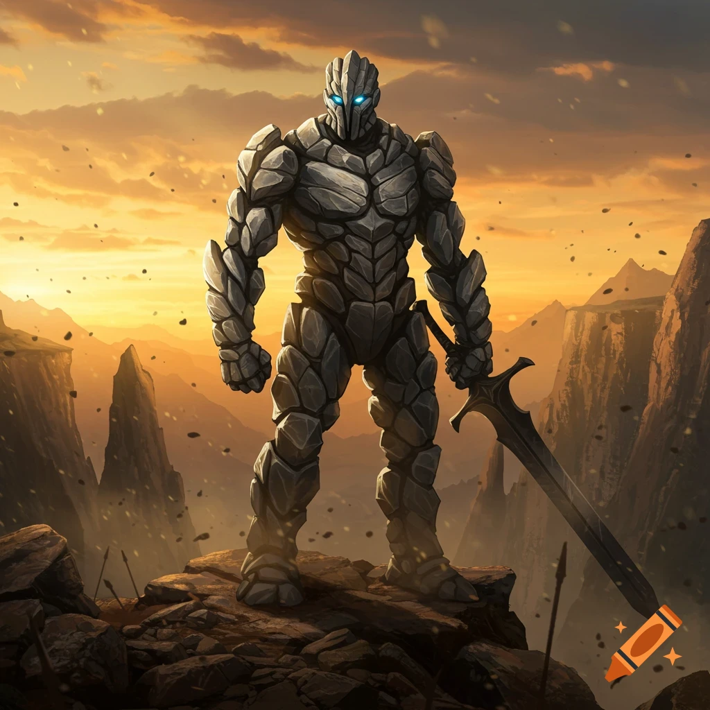 A powerful stone knight with glowing blue eyes stands on a rocky cliff at sunset, holding a large sword.
