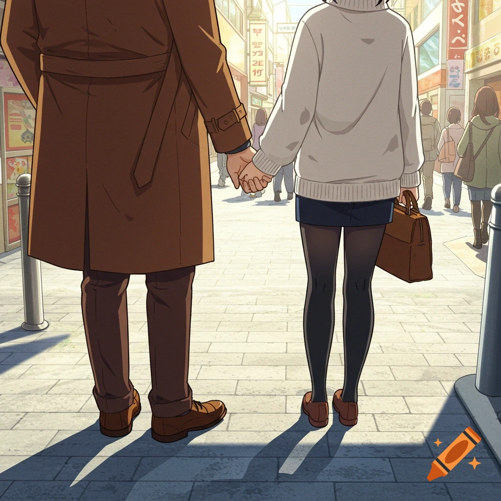 Anime couple holding hands, viewed from behind, walking down a sunny, bustling street.