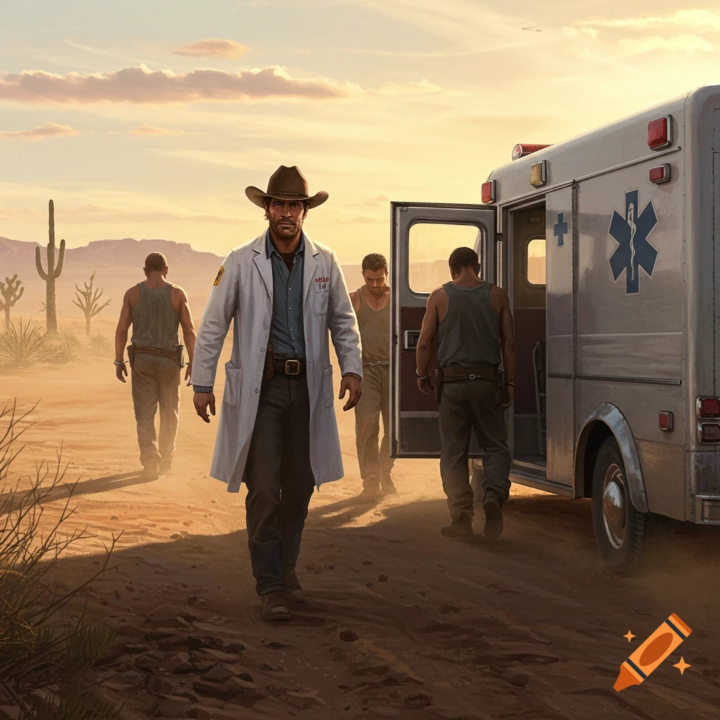 A man in a cowboy hat and lab coat stands in a desert with saguaro cacti, facing the viewer. Behind him, two other men walk toward an open ambulance.