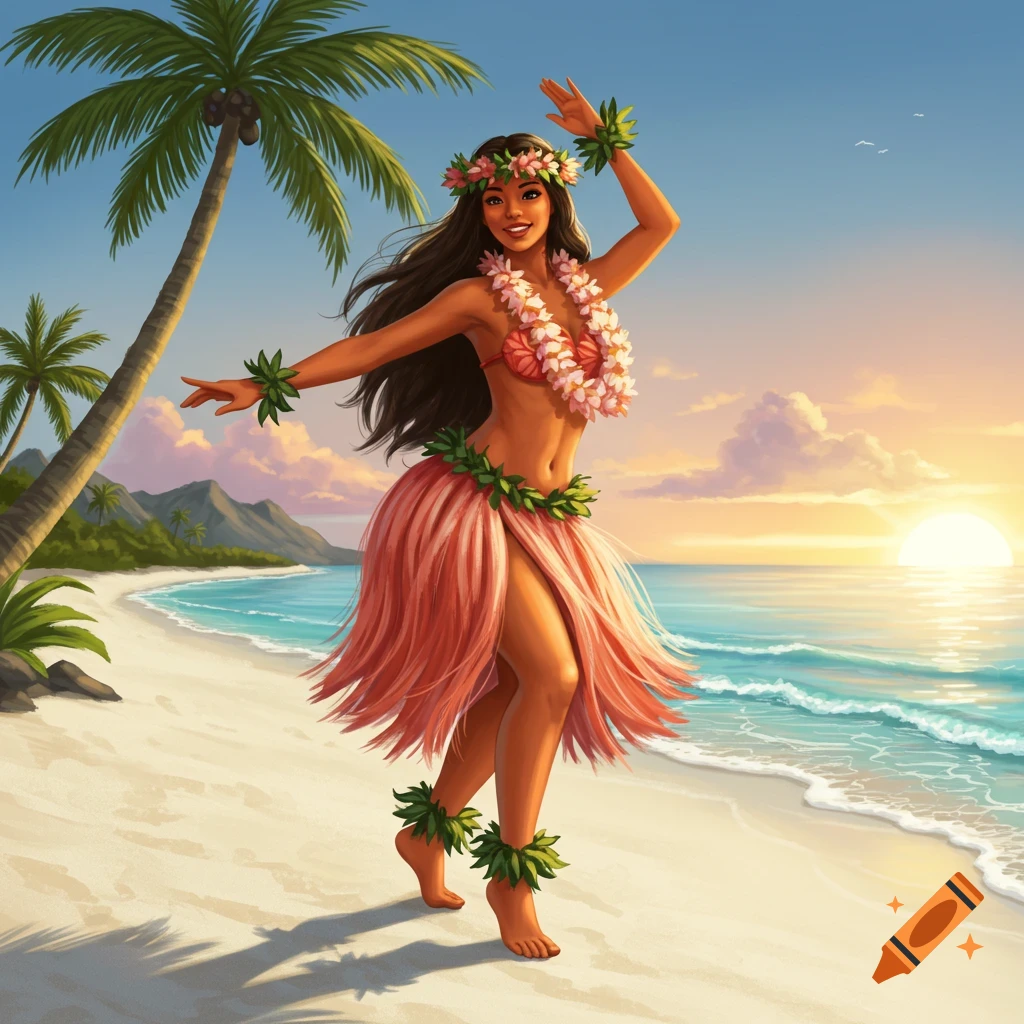 A smiling hula girl wearing a flower lei and skirt dances on a sandy beach at sunset.