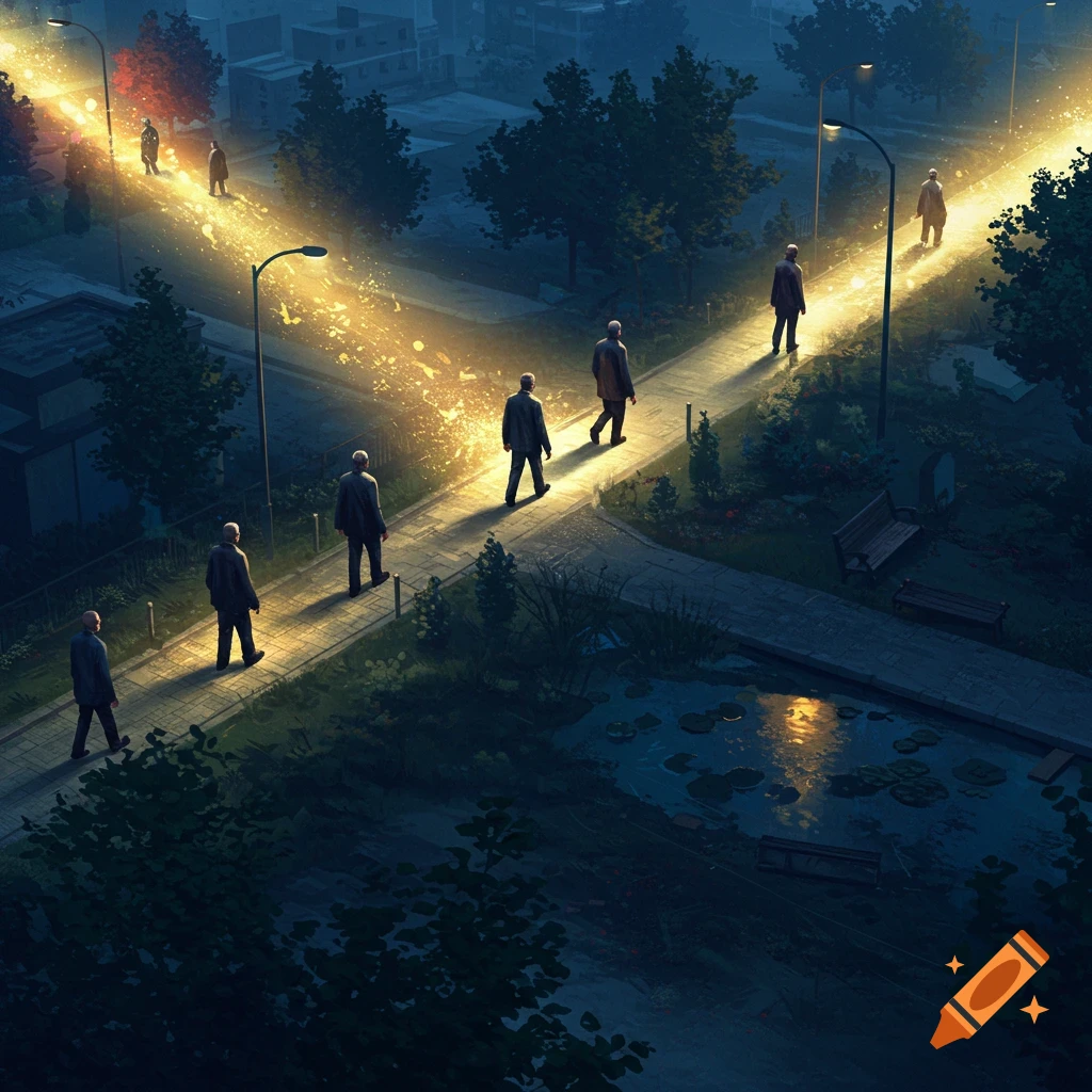 Aerial view of figures walking on glowing paths through a dark cityscape and park at night, illuminated by magical light.