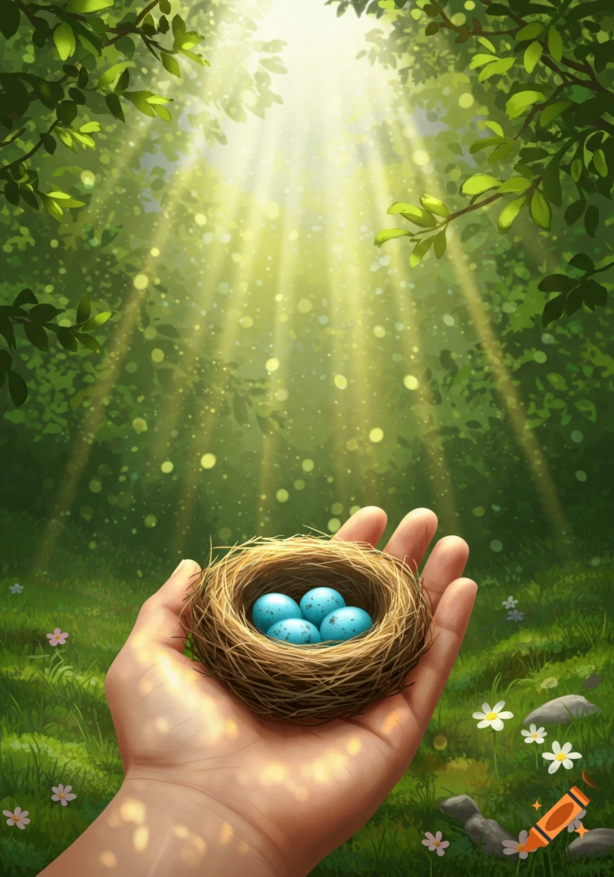 A human hand gently holds a bird's nest with four blue eggs in a sun-dappled forest, digital illustration.