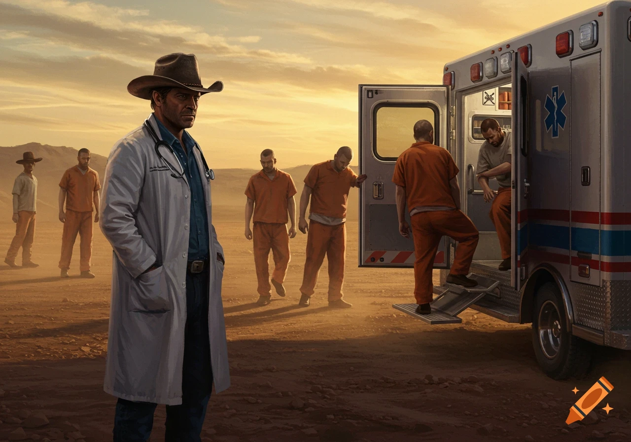 A man in a cowboy hat and white doctor's coat stands in a desert landscape as men in orange jumpsuits board an ambulance at sunset.