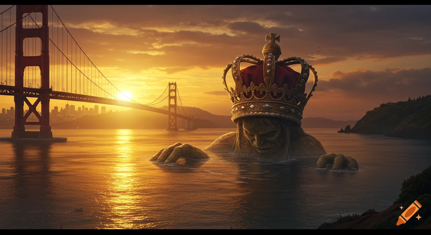 A giant, crown-wearing creature emerges from the water near the Golden Gate Bridge at sunset.