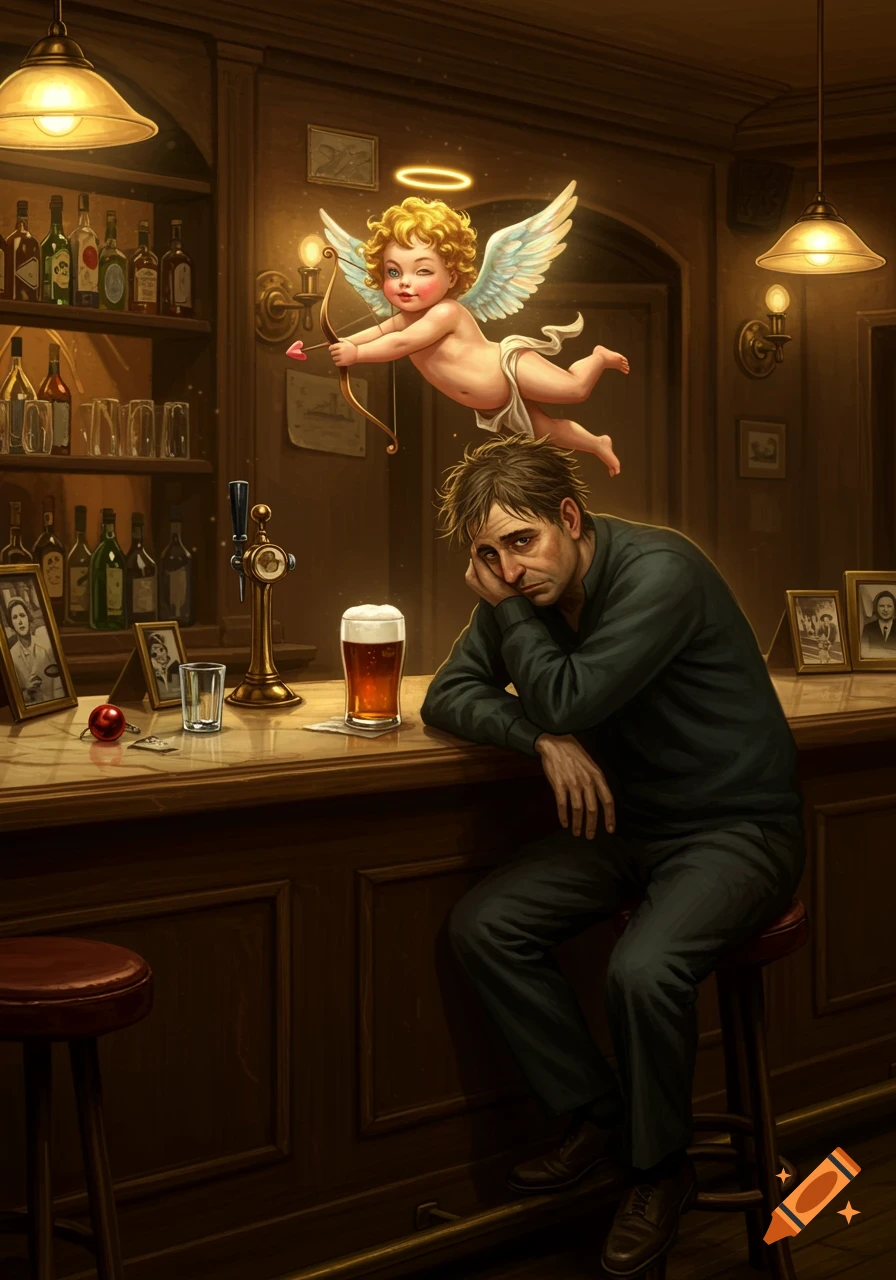 An illustration of a sad drunk man sitting at a bar with a beer, while a winking cupid flies above his head, aiming an arrow.