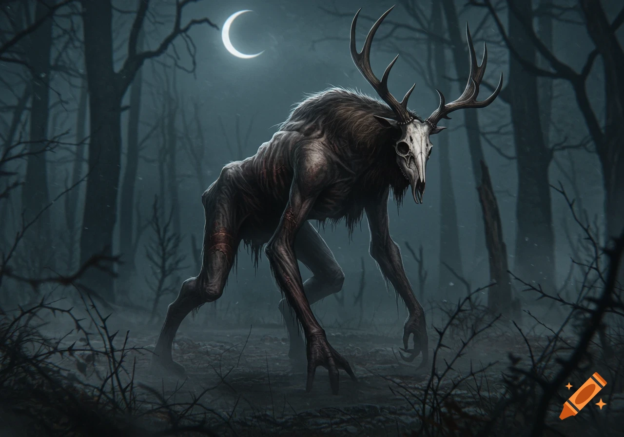A gaunt, skeletal wendigo-like creature with antlers and a skull for a head stands in a dark, misty forest under a crescent moon.