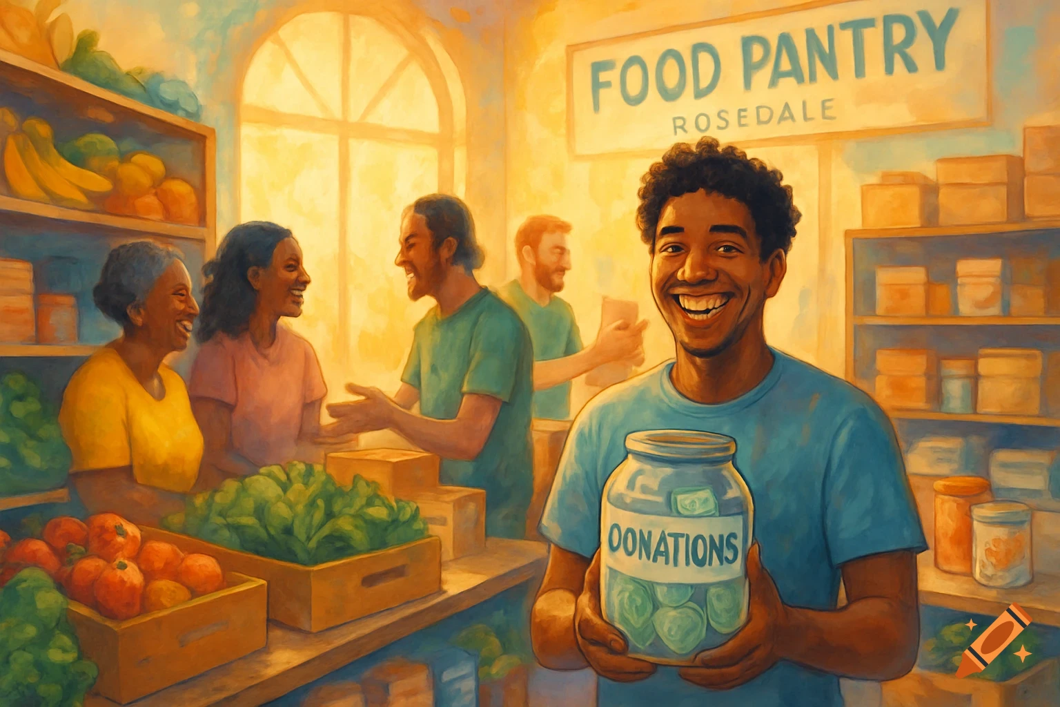 Vibrant watercolor painting of a food pantry. A smiling man holds a donation jar in the foreground, with people and fresh produce in the background.