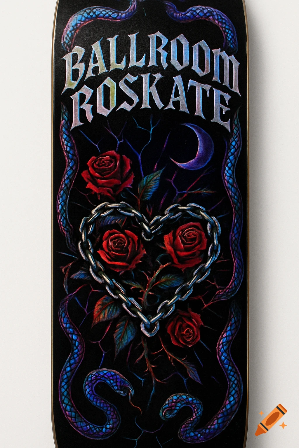 A dark skateboard deck graphic featuring red roses, blue snakes, a crescent moon, a heart made of chains, and the text "BALLROOM ROSKATE" in a stylized font.