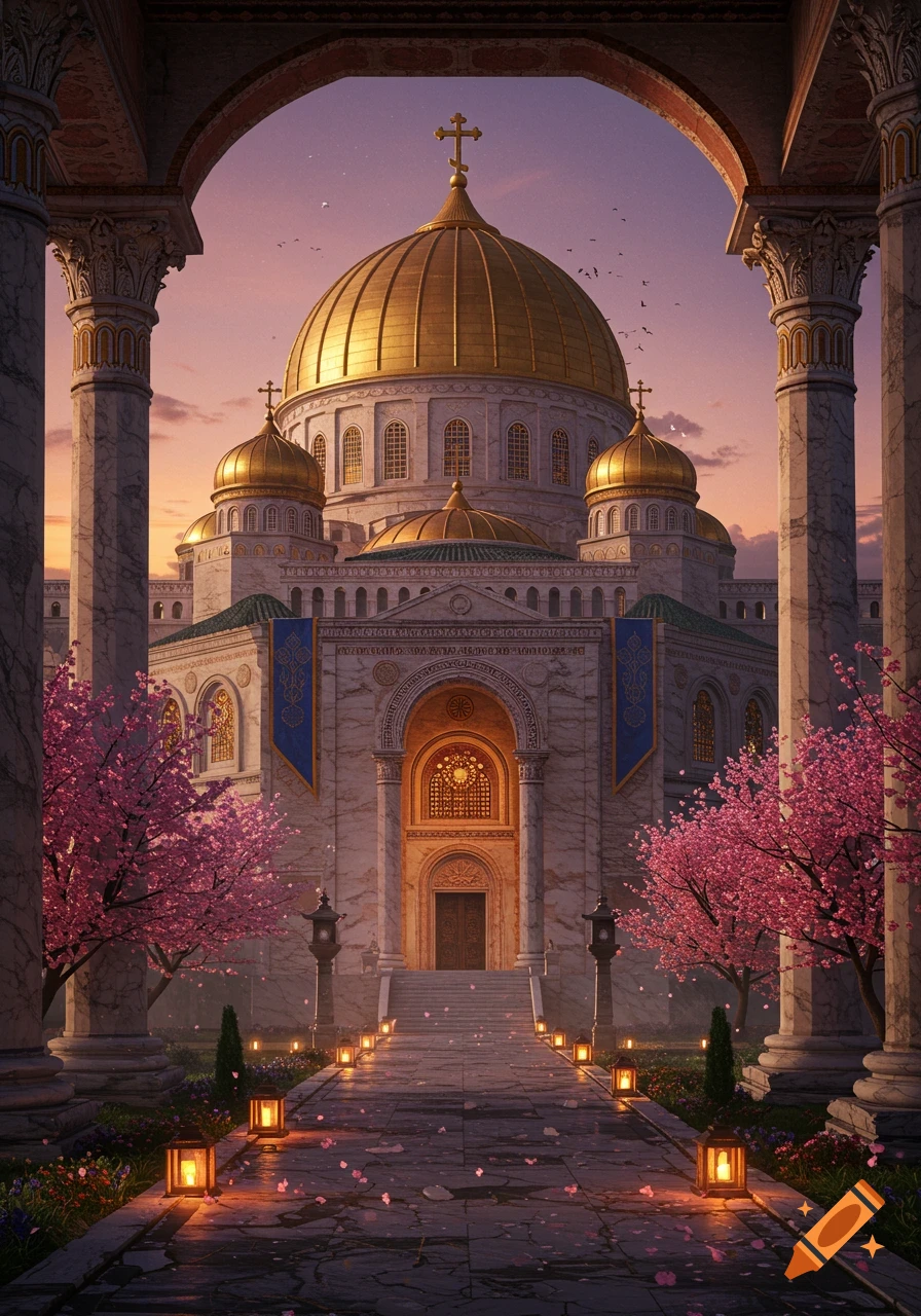A grand temple with golden domes and crosses, framed by an archway and pink cherry blossom trees, at sunset.